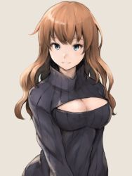Rule 34 | 1girl, arms at sides, bad id, bad twitter id, black sweater, blue eyes, breasts, brown background, brown hair, center opening, cleavage, cleavage cutout, clothing cutout, koretsuki aduma, large breasts, long hair, looking at viewer, meme attire, open-chest sweater, original, parted lips, ribbed sweater, simple background, smile, solo, sweater, turtleneck, upper body, wavy hair