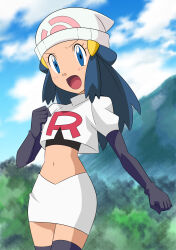 Rule 34 | 1girl, alternate costume, beanie, black gloves, black hair, black shirt, blue eyes, blush, boots, cloud, commentary request, cosplay, creatures (company), cropped jacket, dawn (pokemon), day, elbow gloves, eyelashes, game freak, gloves, hainchu, hair ornament, hairclip, hand up, hat, highres, jacket, jessie (pokemon), jessie (pokemon) (cosplay), logo, long hair, midriff, navel, nintendo, open mouth, outdoors, poke ball print, pokemon, pokemon (anime), pokemon dppt (anime), shirt, short sleeves, skirt, sky, solo, team rocket, team rocket uniform, thigh boots, white hat, white jacket, white skirt