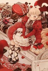 1girl absurdres blonde_hair blue_eyes candy chocolate chocolate_heart crying crying_with_eyes_open food full_body heart heart-shaped_food highres juliet_sleeves lolita_fashion long_sleeves looking_at_viewer original puffy_sleeves second-party_source shiiro_illust sitting solo sweet_lolita tears