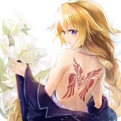 Rule 34 | 1girl, back, back tattoo, bare shoulders, blonde hair, braid, breasts, command spell, fate/apocrypha, fate/grand order, fate (series), flower, jacket, jeanne d&#039;arc (fate), jeanne d&#039;arc (girl from orleans) (fate), jeanne d&#039;arc (ruler) (fate), kito (kito2), long hair, purple eyes, sideboob, single braid, smile, solo, tattoo, very long hair