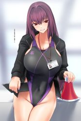 Rule 34 | 1girl, black one-piece swimsuit, breasts, clipboard, commentary request, competition swimsuit, cowboy shot, fate/grand order, fate (series), gachou, hair intakes, holding, huge breasts, id card, jacket, long hair, looking at viewer, megaphone, name tag, one-piece swimsuit, open clothes, open jacket, purple hair, red eyes, scathach (fate), scathach (fate), solo, swimsuit, translation request, very long hair