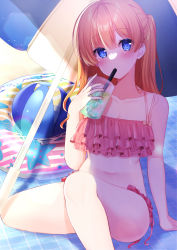 Rule 34 | 1girl, absurdres, asagi shiki (artist), ball, bare arms, bare legs, bare shoulders, beach umbrella, beachball, bikini, blue eyes, breasts, cleavage, collarbone, cup, drinking glass, frilled bikini, frills, highres, long hair, looking at viewer, medium breasts, multi-strapped bikini, navel, orange hair, original, pink bikini, sitting, small breasts, solo, stomach, swimsuit, umbrella, wet