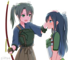 Rule 34 | &gt;:), 2girls, :d, black hair, bloom, blue eyes, bow (weapon), commentary request, gloves, green eyes, green hair, hair ribbon, ifpark (ifpark.com), japanese clothes, kantai collection, katsuragi (kancolle), long hair, multiple girls, muneate, open mouth, partially fingerless gloves, partly fingerless gloves, headpat, ponytail, remodel (kantai collection), ribbon, short twintails, smile, twintails, v-shaped eyebrows, weapon, yugake, zuikaku (kancolle)