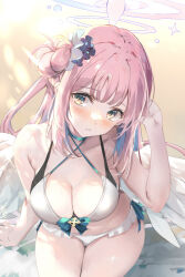 Rule 34 | 1girl, arm support, bikini, blue archive, blush, breasts, cleavage, collarbone, feathered wings, hair bun, halo, highres, looking at viewer, medium breasts, mika (blue archive), pink hair, single side bun, solo, swimsuit, uu-tan (hushigi10), white bikini, white wings, wings