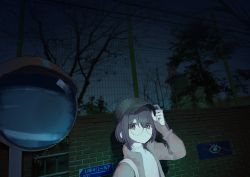 Rule 34 | 1girl, absurdres, arm up, bare tree, baseball cap, black hair, brick wall, brown jacket, grey hat, hair between eyes, hand on headwear, hat, highres, jacket, long sleeves, looking at viewer, night, night sky, open clothes, open jacket, original, outdoors, red eyes, shirt, short eyebrows, short hair, sign, sky, sleeves past wrists, solo, syhan, thick eyebrows, traffic mirror, tree, turtleneck, white shirt