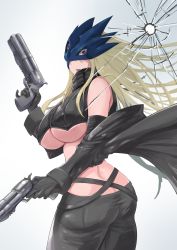 Rule 34 | 1girl, ass, beelstarmon, blonde hair, breasts, butt crack, cleavage, digimon, gun, highres, large breasts, long hair, mask, pink eyes, revealing clothes, solo, third eye, underboob, weapon