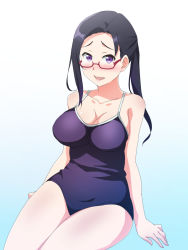 Rule 34 | 10s, 1girl, asymmetrical breasts, bad id, bad pixiv id, black hair, blush, breasts, cleavage, competition school swimsuit, demi-chan wa kataritai, glasses, large breasts, long hair, looking at viewer, nose blush, one-piece swimsuit, open mouth, poncho s, ponytail, purple eyes, red-framed eyewear, satou sakie, school swimsuit, semi-rimless eyewear, sitting, solo, swimsuit, under-rim eyewear