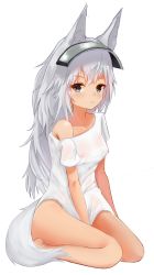 Rule 34 | 1girl, animal ears, aoinu (aoinu 99), arknights, blush stickers, bottomless, breasts, collarbone, female focus, grani (arknights), green hair, grey eyes, hair between eyes, highres, horse ears, horse girl, horse tail, light blush, light frown, long hair, looking at viewer, naked shirt, nipples, off shoulder, on floor, see-through, seiza, shirt, short sleeves, simple background, sitting, small breasts, solo, tail, very long hair, visor lift, white background, white shirt