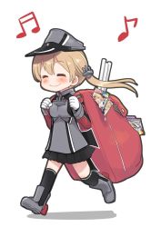 Rule 34 | 1girl, ^ ^, ahenn, black pantyhose, blonde hair, blush, closed eyes, commentary request, full body, hat, kantai collection, long hair, low twintails, military, military uniform, pantyhose, peaked cap, prinz eugen (kancolle), simple background, smile, solo, twintails, uniform, white background