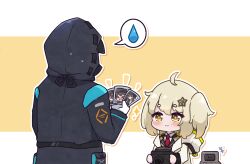 Rule 34 | 1other, 2girls, ahoge, arknights, black jacket, blush, camera, chibi, collared shirt, commission, commissioner upload, doctor (arknights), drawing (object), drone, gloves, hair ornament, happy, holding, holding camera, hood, hood up, hooded jacket, jacket, kurotofu, long sleeves, looking at another, medium hair, multiple girls, necktie, non-web source, open clothes, open jacket, orange eyes, plume (arknights), red necktie, scene (arknights), shirt, simple background, smile, solo, spoken sweatdrop, sweatdrop, two-tone background, upper body, white background, white gloves, white jacket, white shirt, yellow background