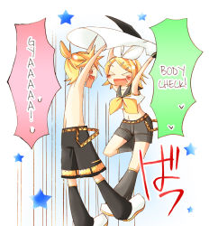 Rule 34 | &gt; &lt;, 1boy, 1girl, blonde hair, brother and sister, closed eyes, clothes theft, gradient background, hard-translated, kagamine len, kagamine rin, nao (flake), siblings, theft, third-party edit, translated, twins, vocaloid