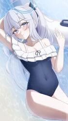 Rule 34 | 1girl, absurdres, bare arms, bare legs, bare shoulders, black one-piece swimsuit, blue archive, blue halo, blush, breasts, cleavage, collarbone, frilled one-piece swimsuit, frills, grey hair, hair between eyes, halo, highres, innertube, long hair, looking at viewer, miyako (blue archive), miyako (swimsuit) (blue archive), mofu07519, off-shoulder one-piece swimsuit, off shoulder, official alternate costume, one-piece swimsuit, parted lips, ponytail, purple eyes, small breasts, solo, swim ring, swimsuit