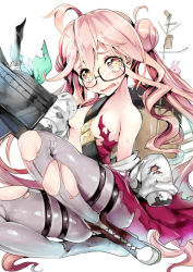 Rule 34 | 10s, 1girl, blush, boots, breasts, censored, convenient censoring, cross-laced footwear, dress, glasses, grey pantyhose, hair bun, kantai collection, long hair, machinery, makigumo (kancolle), nekometaru, off shoulder, open mouth, pantyhose, personification, pink hair, purple dress, purple skirt, sitting, skirt, small breasts, solo, thigh strap, torn clothes, torn dress, torn pantyhose, torn sleeves, twintails, very long hair, wavy mouth, wreckage