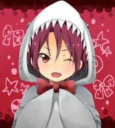 Rule 34 | 10s, 1boy, animal costume, blush, bow, bowtie, fangs, free!, male focus, matsuoka rin, one eye closed, open mouth, red eyes, red hair, shark costume, short hair, smile, solo, aged down