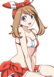 Rule 34 | 1girl, :d, absurdres, alternate costume, bare shoulders, bikini, bow, breasts, brown hair, collarbone, creatures (company), game freak, grey eyes, hair bow, highres, looking at viewer, may (pokemon), navel, nintendo, open mouth, pokemon, pokemon oras, red bow, smile, solo, swimsuit, white background, yuihico