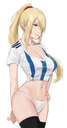 Rule 34 | 1girl, bikini, bikini bottom only, black thighhighs, blonde hair, blue eyes, blush, breasts, cleavage, closed mouth, collarbone, commentary request, cowboy shot, crop top, eyes visible through hair, hair over one eye, hand on own hip, highres, j@ck, large breasts, long hair, looking away, metroid, midriff, mixed-language commentary, navel, nintendo, ponytail, samus aran, shirt, short sleeves, sidelocks, smile, solo, stomach, striped clothes, striped shirt, swimsuit, thighhighs, tied shirt, vertical-striped clothes, vertical-striped shirt, white bikini, white shirt