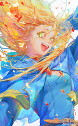 Rule 34 | 1girl, absurdres, blonde hair, blue capelet, blue theme, breasts, capelet, chinese commentary, choker, cleavage, colored eyelashes, dungeon meshi, elf, falling petals, floating hair, green eyes, hair down, hair over one eye, happy, highres, hood, hood down, hooded capelet, long hair, long sleeves, looking at viewer, marcille donato, medium breasts, open mouth, outstretched arms, petals, pointy ears, ruoliang, solo, upper body, weibo logo, weibo username