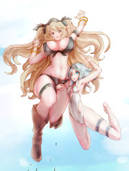 Rule 34 | 2girls, :d, anne bonny (fate), armpits, bikini, black bikini, blue eyes, boots, bracelet, breasts, brown eyes, brown footwear, brown hair, cameltoe, covered erect nipples, fate/grand order, fate (series), full body, groin, jewelry, jumping, large breasts, long hair, looking at viewer, mary read (fate), multiple girls, navel, one-piece swimsuit, open mouth, scar, silver hair, small breasts, smile, stomach, swimsuit, tape de banana, thigh strap, two side up, very long hair, white one-piece swimsuit