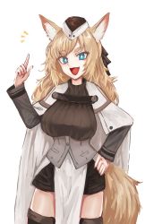 Rule 34 | 1girl, :d, animal ear fluff, animal ears, arknights, belt, black hat, black thighhighs, blonde hair, blue eyes, breasts, buchi k018, cape, commentary request, cowboy shot, garrison cap, hair ribbon, hand on own hip, hand up, hat, horse ears, horse girl, horse tail, index finger raised, long hair, long sleeves, looking at viewer, open mouth, ribbon, short eyebrows, smile, solo, standing, tail, thighhighs, thighs, whislash (arknights), white cape