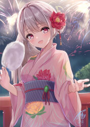 Rule 34 | 1girl, blush, cotton candy, flower, food, grey hair, hair between eyes, hair flower, hair ornament, holding, holding food, japanese clothes, kimono, kishin sagume, long sleeves, niko kusa, obi, open mouth, pink kimono, red eyes, red flower, sash, short hair, smile, solo, touhou, upper body, wide sleeves