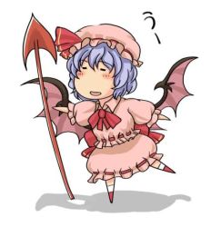 Rule 34 | 1girl, blue hair, chibi, dress, female focus, hat, lowres, polearm, remilia scarlet, solo, spear, spear the gungnir, standing, standing on one leg, sunaipu (age-zero), touhou, weapon, wings