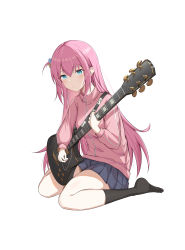 Rule 34 | 1girl, absurdres, backon, black socks, blue eyes, blue skirt, bocchi the rock!, closed mouth, commentary request, cube hair ornament, electric guitar, gibson les paul, gotoh hitori, guitar, hair between eyes, hair ornament, highres, instrument, jacket, kneehighs, long hair, long sleeves, looking at viewer, music, pink hair, pink jacket, playing instrument, pleated skirt, simple background, sitting, skirt, socks, solo, track jacket, wariza, white background