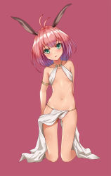 Rule 34 | 10s, 1girl, animal ears, antenna hair, arm behind back, blush, bobo (6630978), breasts, full body, green eyes, isekai maou to shoukan shoujo no dorei majutsu, kneeling, looking at viewer, navel, pink hair, rabbit ears, red background, revealing clothes, short hair, simple background, small breasts, solo, sylvie (isekai maou)