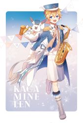 Rule 34 | 1boy, band uniform, blonde hair, blue eyes, blue jacket, blue sky, border, bow, bowtie, character name, commentary, cosplay, epaulettes, full body, gloves, hat, hat feather, hatsune miku, highres, holding, holding instrument, instrument, jacket, jam (zamuchi), kagamine len, leg up, looking at viewer, looking to the side, male focus, neck ribbon, open mouth, rabbit yukine, ribbon, saxophone, shoes, short hair, shorts, sky, smile, snowflakes, string of flags, vocaloid, white bow, white footwear, white gloves, white shorts, yuki miku, yuki miku (2020), yuki miku (cosplay)