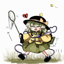 Rule 34 | 1girl, black footwear, black hat, blouse, blush, boots, bow, bug, butterfly, butterfly net, buttons, cage, closed eyes, diamond button, eyeball, floral print, frilled shirt collar, frilled sleeves, frills, full body, green hair, green skirt, hand net, hat, hat bow, hat ribbon, heart, heart of string, heripantomorrow, holding, holding cage, insect, insect cage, komeiji koishi, long sleeves, medium hair, on head, open mouth, ribbon, rose print, shirt, sidelocks, simple background, skirt, smile, solo, third eye, touhou, walking, wavy hair, white background, wide sleeves, yellow bow, yellow ribbon, yellow shirt