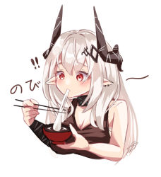Rule 34 | !, !!, 1girl, arknights, bare shoulders, bowl, breasts, chopsticks, cleavage, commentary request, cropped torso, food, holding, holding bowl, holding chopsticks, horns, long hair, mochi, mudrock (arknights), pointy ears, red eyes, silver hair, simple background, solo, sports bra, translation request, tsuyuki yuki, upper body, white background