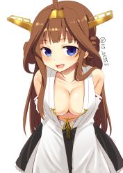 Rule 34 | 10s, 1girl, ahoge, blue eyes, blush, breasts, brown hair, cleavage, commentary request, detached sleeves, double bun, hair bun, hairband, kantai collection, kongou (kancolle), kongou kai ni (kancolle), large breasts, leaning forward, long hair, looking at viewer, natsuki shuri, open mouth, ribbon-trimmed sleeves, ribbon trim, skirt, smile, solo, twitter username, white background
