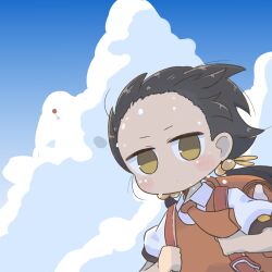 Rule 34 | 1girl, backpack, bag, balloon, black hair, blush, closed mouth, cloud, cloudy sky, collared shirt, day, dot mouth, dress, hair bobbles, hair ornament, holding strap, inishie, jitome, kaai yuki, kyoufuu all back (vocaloid), long hair, looking at viewer, necktie, outdoors, puffy short sleeves, puffy sleeves, randoseru, red bag, red dress, red necktie, shirt, short sleeves, short twintails, sky, solo, sweat, twintails, upper body, vocaloid, white shirt, yellow eyes