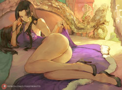 Rule 34 | 1girl, ass, bare shoulders, bed, black hair, boa hancock, breasts, china dress, chinese clothes, cleavage, clothes lift, cutesexyrobutts, dress, dress lift, earrings, head rest, high heels, highres, hoop earrings, jewelry, large breasts, looking at viewer, on bed, one piece, purple dress, snake, thick thighs, thighs, upskirt