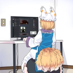 Rule 34 | 1girl, animal hat, barefoot, blonde hair, cable, commentary request, computer, discord, dress, feet out of frame, fox tail, frilled shirt collar, frills, from behind, hat, highres, indoors, light switch, long sleeves, mob cap, monitor, multiple tails, shadow, short hair, sitting, solo, tabard, table, tail, toluda, touhou, white dress, white hat, wide sleeves, yakumo ran