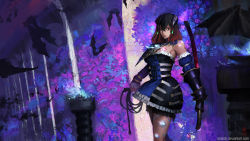 Rule 34 | 1girl, animal, bat (animal), black hair, bloodstained: ritual of the night, blue eyes, breasts, brown hair, detached sleeves, flower, gauntlets, gradient hair, hair between eyes, hair ornament, highres, horns, katana, looking at viewer, miriam (bloodstained), multicolored hair, pale skin, short hair, solo, sosiick, stained glass, sword, tattoo, weapon