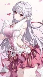Rule 34 | 1girl, blush, breasts, closed mouth, clothing cutout, commentary request, cowboy shot, elbow gloves, flower, gloves, hair ornament, half up braid, hand on own chest, heart, highres, impossible clothes, large breasts, lite luyu, long hair, looking at viewer, original, pink flower, red eyes, side cutout, sideboob, solo, weibo logo, weibo watermark, white gloves, white hair