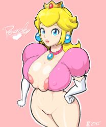 Rule 34 | 10s, 1girl, 2015, aliasing, areola slip, blonde hair, blue eyes, bottomless, breasts, cleavage, covered erect nipples, crown, earrings, elbow gloves, gloves, greyimpaction, hand on own hip, heart, highres, huge breasts, jewelry, large areolae, large breasts, lips, lipstick, looking at viewer, makeup, mario (series), necklace, nintendo, no bra, no pussy, outline, pendant, pink background, princess, princess peach, puffy short sleeves, puffy sleeves, short sleeves, simple background, solo, super mario bros. 1