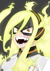 Rule 34 | 1girl, arms at sides, artist request, black hairband, boku no hero academia, breasts, burnin (boku no hero academia), buttons, collared dress, double-breasted, dress, evil smile, eye mask, eyebrows visible through mask, fangs, female focus, fiery hair, fire, gradient hair, green fire, green hair, hair between eyes, hair ornament, hairband, highres, jacket, kamiji moe, large breasts, long bangs, long hair, long sleeves, looking at viewer, mask, multicolored hair, neck, open mouth, ponytail, portrait, sidelocks, smile, standing, suit jacket, upper body, v-shaped eyebrows, white dress, wide ponytail, yellow eyes