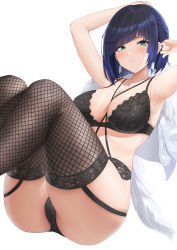 Rule 34 | 1girl, alternate costume, armpits, arms up, bare arms, between breasts, black bra, black panties, blue hair, blush, bra, braid, breasts, brown thighhighs, cameltoe, cleavage, coat, coat on shoulders, commission, diagonal bangs, earrings, feet out of frame, fishnet thighhighs, fishnets, fur-trimmed coat, fur trim, futon fly away, garter straps, genshin impact, green eyes, highres, jewelry, lace, lace-trimmed legwear, lace bra, lace panties, lace trim, large breasts, leaning back, legs up, lingerie, looking at viewer, mole, mole on breast, multiple straps, panties, parted lips, pixiv commission, short hair, sidelocks, simple background, sitting, solo, thighhighs, underwear, underwear only, white background, white coat, yelan (genshin impact)