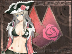 Rule 34 | 1girl, belt, bikini, blue eyes, breasts, flower, hat, large breasts, long hair, looking at viewer, navel, official art, official wallpaper, open clothes, parted lips, pirate, rose, sega, shining (series), shining ark, skull and crossbones, smile, strap gap, swimsuit, tony taka, velvet batrass, wallpaper