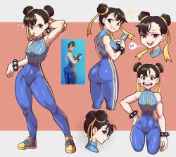 Rule 34 | 1girl, :d, :p, absurdres, ass, breasts, brown hair, bun cover, capcom, chinese clothes, chun-li, commentary, double bun, english commentary, full body, hair bun, hand on own hip, highres, jewelry, looking at viewer, mg991998, multiple views, official alternate costume, open mouth, smile, solo, standing, street fighter, street fighter zero (series), studded bracelet, swept bangs, thick thighs, thighs, tongue, tongue out