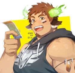 Rule 34 | 1boy, animal ears, bara, blush, brown hair, cow boy, cow ears, cow horns, eye black, facial hair, fiery horns, forked eyebrows, glowing horns, goatee, highres, holding, hood, hood down, horns, large pectorals, looking at viewer, male focus, muscular, muscular male, open mouth, pectorals, rio mukiniki, short hair, smile, solo, thick eyebrows, tokyo houkago summoners, wakan tanka