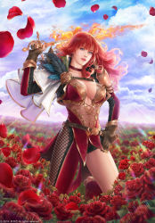 Rule 34 | 1girl, armor, belt, blue eyes, blue sky, breasts, brown gloves, capelet, choker, cleavage, covered navel, day, fantasy, feathers, field, fishnet legwear, fishnets, flaming sword, flaming weapon, flower, flower field, gloves, grass, hand on own hip, highres, holding, holding sword, holding weapon, jdori, kneeling, large breasts, long hair, looking at viewer, navel, official art, over shoulder, parted lips, petals, phi sora, red choker, red hair, rose, see-through, sheath, shoulder armor, sky, solo, sunlight, sword, tamsig-ui jaelim, the second coming of gluttony, watermark, weapon, white capelet