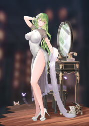 Rule 34 | 1girl, antique phone, arm up, bare legs, breasts, bug, butterfly, buttons, cat, china dress, chinese clothes, corded phone, covered navel, dress, feather boa, flower, gloves, green hair, hair flower, hair ornament, half gloves, hand on table, high heels, highres, impossible clothes, impossible dress, insect, kitten, large breasts, legs, long hair, looking to the side, maki (user fyjx4337), mirror, original, phone, rotary phone, side slit, solo, standing, table, turtleneck, very long hair, wooden floor, yellow eyes