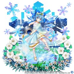 Rule 34 | 1girl, alternate costume, blue bow, blue hair, blue sky, bow, cirno, cirno (white ice fairy of absolute zero), copyright name, copyright notice, detached wings, dress, female focus, flower, full body, game cg, gladiator sandals, grass, hair bow, holding, holding jar, ice, ice wings, jar, looking at viewer, mountain, official art, outdoors, rotte (1109), sandals, sky, snowflakes, solo, third-party source, touhou, touhou lostword, transparent background, white dress, white flower, white footwear, wings