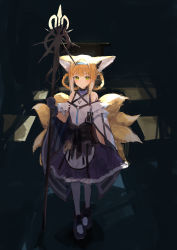 Rule 34 | absurdres, animal ear fluff, animal ears, arknights, bare shoulders, black choker, black footwear, black gloves, black pantyhose, blonde hair, blue dress, blue hairband, blunt bangs, braid, breasts, choker, closed mouth, commentary request, detached sleeves, dress, feet together, fox ears, fox tail, full body, gloves, gradient hair, green eyes, hairband, highres, holding, holding staff, holding weapon, ichika (ichika87), id card, long hair, looking at viewer, multicolored clothes, multicolored dress, multicolored hair, multiple tails, pantyhose, parted lips, shoes, sidelocks, sleeveless, sleeveless dress, small breasts, staff, standing, suzuran (arknights), tail, twin braids, weapon, white dress, white hair, white sleeves
