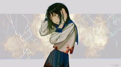 Rule 34 | 1girl, black hair, blood on clothes, blue sailor collar, blue skirt, crazy, crying, crying with eyes open, female focus, hands on own head, highres, letterboxed, medium hair, original, outside border, parted lips, pleated skirt, red eyes, sailor collar, school uniform, signature, skirt, solo, tears, the teruaki, torn clothes, wide-eyed
