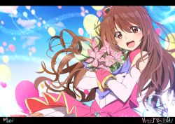 Rule 34 | 10s, 1girl, balloon, birthday, blue sky, blurry, blush, bouquet, bow, brown eyes, brown hair, character name, day, depth of field, detached sleeves, flower, hair between eyes, hair bow, happy birthday, heart, highres, holding, holding bouquet, idol, idolmaster, idolmaster cinderella girls, kazenoko, letterboxed, long hair, looking at viewer, one side up, open mouth, outdoors, pink bow, pink flower, pink skirt, shimamura uzuki, skirt, sky, sleeveless, smile, solo, teeth