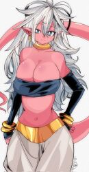 Rule 34 | 1girl, android 21, bandeau, bracelet, breasts, cleavage, colored skin, detached sleeves, dragon ball, dragon ball fighterz, earrings, female focus, grey eyes, hand on own hip, harem pants, highres, jewelry, kinakomochi (user vedc2333), large breasts, long hair, majin android 21, navel, pants, pink skin, pointy ears, solo, strapless, tail, white hair