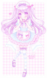 Rule 34 | 1girl, :p, apron, blue skirt, blush, closed mouth, collared shirt, commentary request, frilled apron, frilled shirt collar, frilled skirt, frilled thighhighs, frills, heart, highres, himetsuki luna, long hair, maid headdress, original, plaid, plaid background, puffy short sleeves, puffy sleeves, purple eyes, purple footwear, purple hair, shirt, shoes, short sleeves, skirt, smile, solo, standing, standing on one leg, striped clothes, striped skirt, striped thighhighs, thighhighs, tongue, tongue out, twitter username, two side up, vertical-striped clothes, vertical-striped skirt, very long hair, waist apron, white apron, white shirt, wrist cuffs
